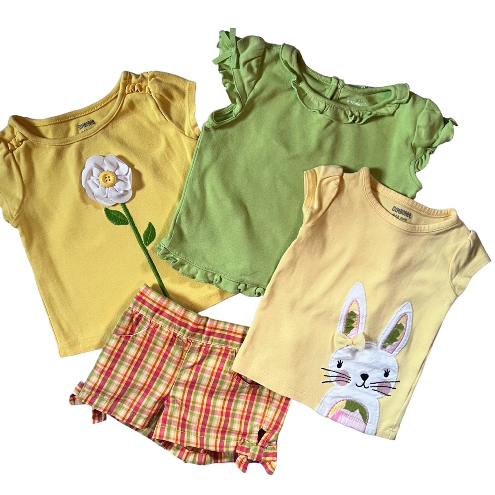 LOT of 4 Girls Sz 6-12 Mos Spring Tees and Shorts Bundle Set Outfit
